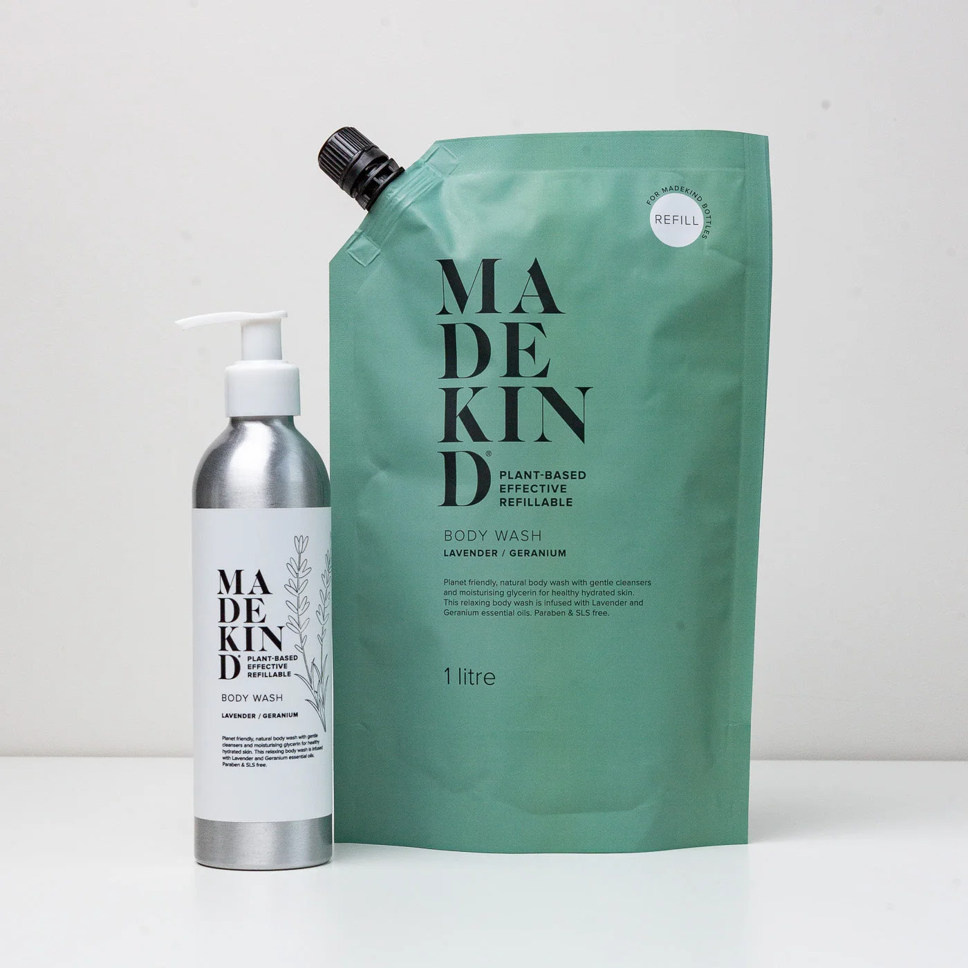 photo of MadeKind 1 litre body wash refill and 250 empty aluminium bottle